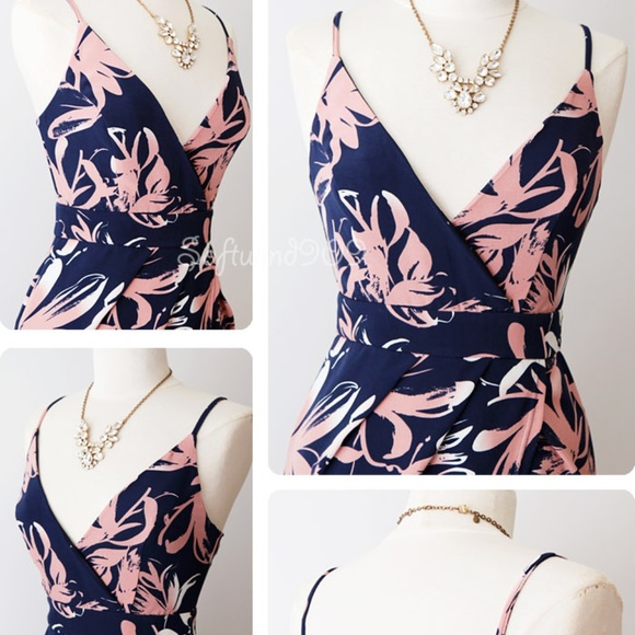 Last☝️ Navy Pink Floral Surplice Wrap Tulip Dress - Picture 3 of 8
